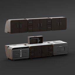 Detailed 3D model showcasing dark wooden kitchen cabinets and appliances suitable for photorealistic rendering.