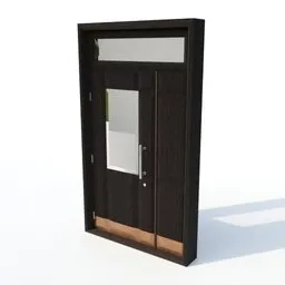"Large black front door with transparent windows, a mirror on the side, and a jet black tuffe coat. This 3D model, created with Blender 3D, features a chalet-style design and is suitable for exterior scenes. Perfect for architectural visualization projects in Blender 3D."