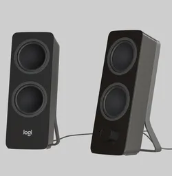 Detailed 3D rendering of wireless desktop speakers with customizable cables for Blender software users.