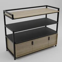 3D modeled wooden and metal bar/restaurant cabinet with shelves and storage for Blender rendering.