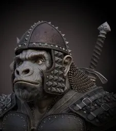 Detailed 3D sculpt of a fantasy armored gorilla bust with intricate helmet and chest plate, designed for Blender.
