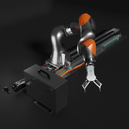 Articulated industrial robot 3D model with linear axis and precision gripper, designed for animation and rendering in Blender.