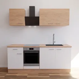 "Download high-quality 3D model for Blender 3D of a minimalist wooden kitchen set featuring a sink, stove, and cabinets. This hyperrealistic design, inspired by Matthias Weischer and Bernd Fasching, showcases white wood textures and soft morning light. Perfect for transportation design renders. Rendered with a 150mm lens and 1024 Farben using Quixel in BlenderKit."