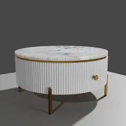 "Enhance your living room with the Flute design coffee table, a stunning white marble piece elevated by a golden handle and textured disc base. A precise and detailed 3D model created in Blender 3D, perfect for your interior design project."