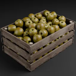 Realistically arranged green apples in a wooden crate 3D model, compatible with Blender for market scenes.