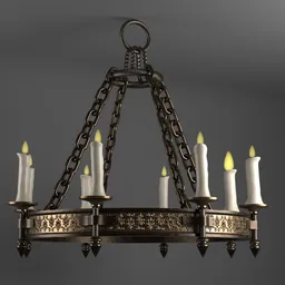 Detailed 3D model of a classic candle chandelier with lit candles and intricate metalwork for Blender rendering.