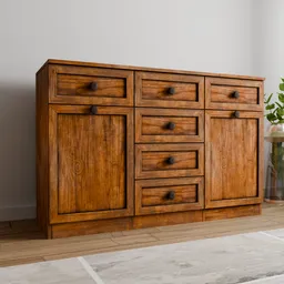 Detailed 3D render of vintage wooden sideboard for Blender, with textures and realistic shading for hall interiors.