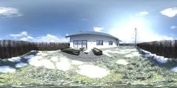 360-degree HDR panorama of a serene garden with purple flowers and a house, providing realistic lighting for 3D scenes.