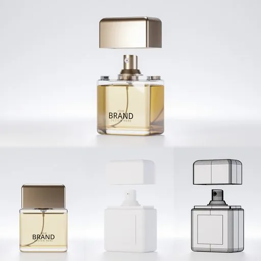 Realistic 3D-rendered perfume bottle mockup with gold details optimized for Blender users, showcasing multiple angles.