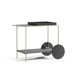 "Carbon black and antique gold sideboard with shelves and wheels, designed by ABV Design de Móveis and featured on Artistation. This minimalistic piece showcases golden elements and a slender body, perfect for any modern interior design. Available as a 3D model for Blender 3D."