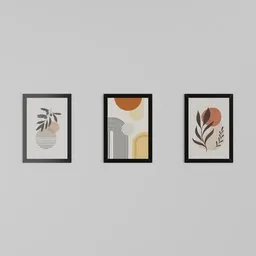 Three 3D-rendered Boho-style photoframes with abstract art, optimized for Blender scene enhancement.