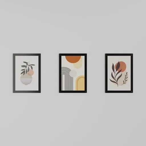 Three 3D-rendered Boho-style photoframes with abstract art, optimized for Blender scene enhancement.
