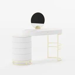 "Discover a refined and practical Living Room 3D model - Dressing Table with Swivel Cabinet for Blender 3D. Featuring a stylish white design with a mirror and stool, perfect for daily use and dressing up. Designed by James Gilleard and James Jean with a neo-gothic concept, this 3D model is a must-have, official product image for your next project."