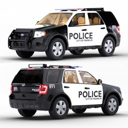 "Ford Escape police car with interior for Blender 3D modeling. Rigged for animation and featuring procedural shader for realistic dirt and rust effects. Perfect for action figures, product design renders, and police-themed projects."