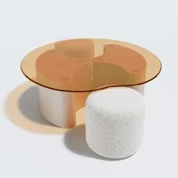 High-quality Blender 3D model of a round glass table with a textured bouclette footstool, inspired by LAREDOUTE's Poglio.