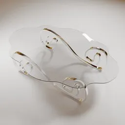 Render of a modern glass desk with gold details, designed in Blender 3D modeling software.