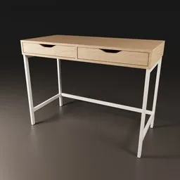"Wood and metal desk with two drawers, rendered in a modern minimalist style of simplified realism. This 3D model for Blender 3D, named 'ALEX', features detailed design and textured base, with a touch of Alexandre Chaudret's style. Ideal for creating realistic 3D scenes or interior designs."
