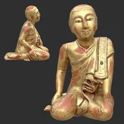Antique Burmese Monk 2 Statue Gilt Wood