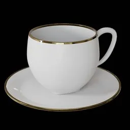White ceramic 3D model coffee cup with golden rim on saucer, designed for Blender rendering.