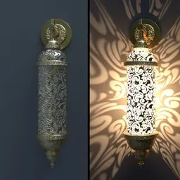 "Moroccan-inspired wall light with intricate metal-worked details and glass vials. Suitable for interiors and exteriors, this medium polygon 3D model comes with a point light and can be rendered using Blender 3D's Cycles engine. To activate the light, adjust the wattage in the settings for 'luz_lampara_marroqui'."