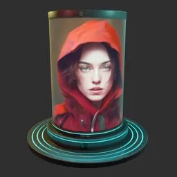 "Get futuristic with our Circular SciFi street billboard 3D model for Blender 3D. This detailed cyberpunk illustration features a woman in a red hoodie on a pedestal, subsurface scattering skin, holographic case display, and sleek digital UI. Perfect for creating a photorealistic anamorphic lens effect in a cyberpunk city market scene."