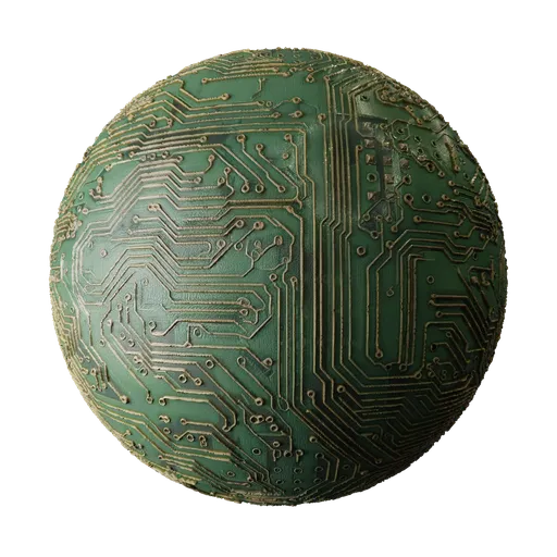 High-quality PBR circuit board material with detailed textures for 3D modeling in Blender and other software.