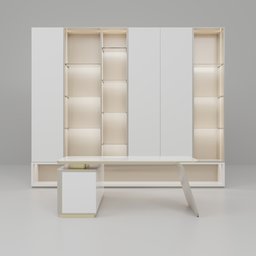 Minimalist 3D office furniture model featuring sleek desk with drawers and bookshelf for Blender rendering.
