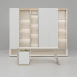 "Minimalistic and cozy white desk with cabinet and chair, wooden wardrobes, open book and whiteboards - perfect for office spaces. 3D model created in Blender 3D with high quality 4k resolution. Inspired by Georg Friedrich Schmidt and rendered by Mirabel Madrigal."