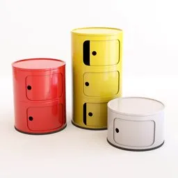 Red, yellow, and white stacked round storage 3D models on white backdrop for Blender design.