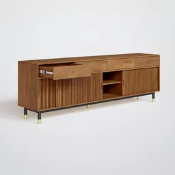 "Mid-century style Soho TV Stand 3D model for Blender 3D: wooden cabinet with drawers and sliding doors, complemented by gold knobs and legs. Crafty design with high body detail, inspired by Paul Lohse and placed in a large living room."