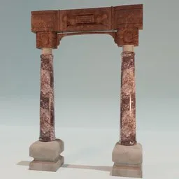 "Arched Columns 3D model in Blender 3D - Granite, Marble and Wood arches with carvings, inspired by Paolo Veronese. Realistic 3D render with wine red trim and marble slabs. Perfect modular item for classical antiquities and street scenes."