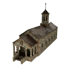 Detailed 3D model of weathered stone medieval temple with bell tower for Blender rendering.