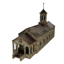 Detailed 3D model of weathered stone medieval temple with bell tower for Blender rendering.