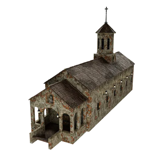 Detailed 3D model of weathered stone medieval temple with bell tower for Blender rendering.