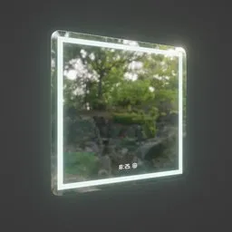 "3D model of a Bathroom Mirror with clock and light, rendered in Unreal Engine 5 with anamorphic bokeh and soft outdoor lighting. This Zen-inspired utility model features a translucent cube and a captivating tree picture in the mirror. Perfect for mobile game icons or projects in Blender 3D."