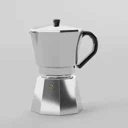 Detailed 3D render of a basic Moka pot, optimized for Blender, showcasing a metallic finish with a minimalist design.