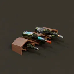 Realistic digital rendering of a wooden wine rack with bottles for Blender 3D projects.