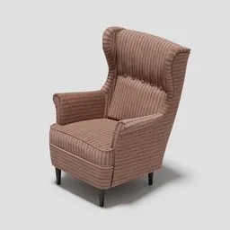 Detailed 3D model of a beige striped fabric wing chair, compatible with Blender for interior design renderings.