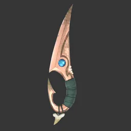 "Bronze biomechanical Ancient Water Knife with shark tooth and sea acorns, perfect for historic military scenes in Blender 3D. This detailed 3D model features copper and emerald jewelry, pointing ears, and cel-shaded design. Download now from BlenderKit and bring your ancient water tribe scenes to life."