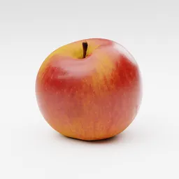 "3D model of a red apple with yellow center on a white surface, optimized for Blender 3D. Photoscanned, cleaned, and decimated with extra detail from reprojected normals. 8k polygons for a realistic yet simplified design suitable for various projects."