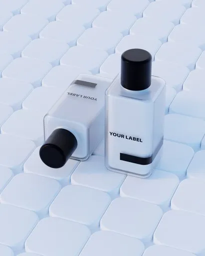 Photorealistic 3D-rendered product visualization of labeled bottles for marketing and design.