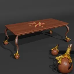 Detailed 3D Blender model featuring wooden tabletop with compass rose and ornate eagle claw feet in gold.