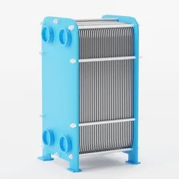 Detailed 3D rendering of a plate heat exchanger for Blender with realistic textures and industrial design.