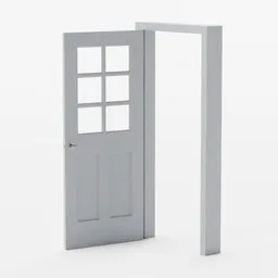 3D Blender model of a partially open grey door featuring upper glass panes, suitable for realistic interior scenes.