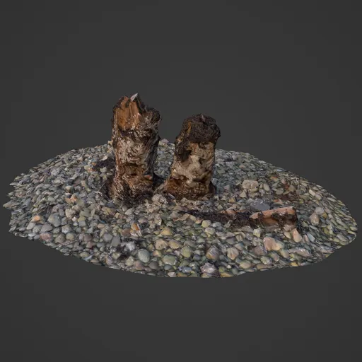Detailed 3D Blender model of wood stumps and pebbles on shore for realistic nature scenes.
