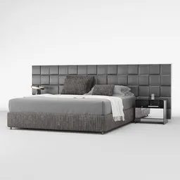"Flou Jaipur Bed - A stunning 3D model for Blender 3D featuring a double size bed designed by Carlo Colombo. This intricately crafted bed showcases a wooden headboard and unique textiles, meticulously recreated with accurate references and materials. Elevate your designs with this high-resolution, black leather accented bed, perfect for realistic renders and virtual home decor projects."