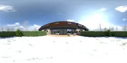 360-degree HDR panorama of a snow-covered garden with house, green lawn, hedges, and purple flowers for scene lighting.