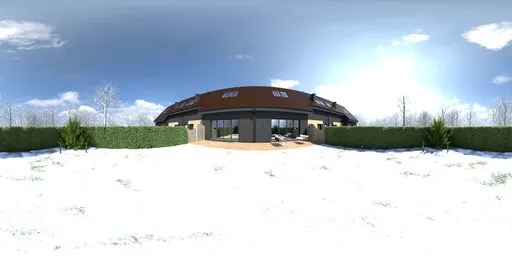 360-degree HDR panorama of a snow-covered garden with house, green lawn, hedges, and purple flowers for scene lighting.