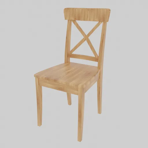 Detailed 3D digital model of a wooden chair with cross-back design, suitable for Blender rendering.