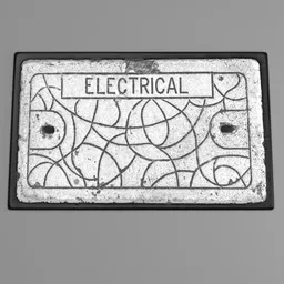 "Electrical Manhole Cover: A greyscale, highly detailed metal plate with an arafed sign on a city street. This 3D model is commonly found in Australian cities, perfect for Blender 3D designs."